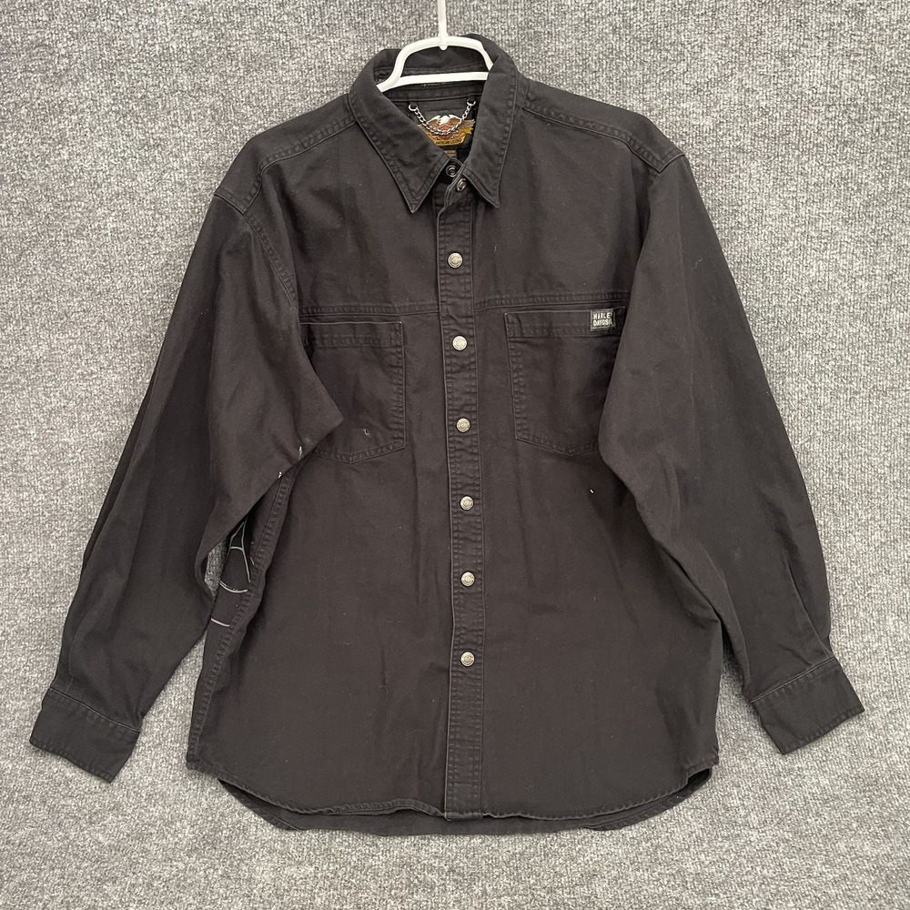 Harley Davidson Flames Snap Shirt Men's Sz L Black Long Sleeve Biker Pockets